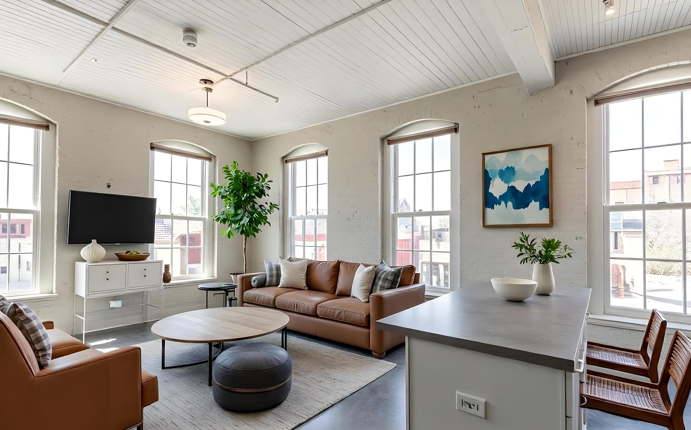 Living Area with Brown couch at Wheelhouse Lofts, Dayton, OH, 45402